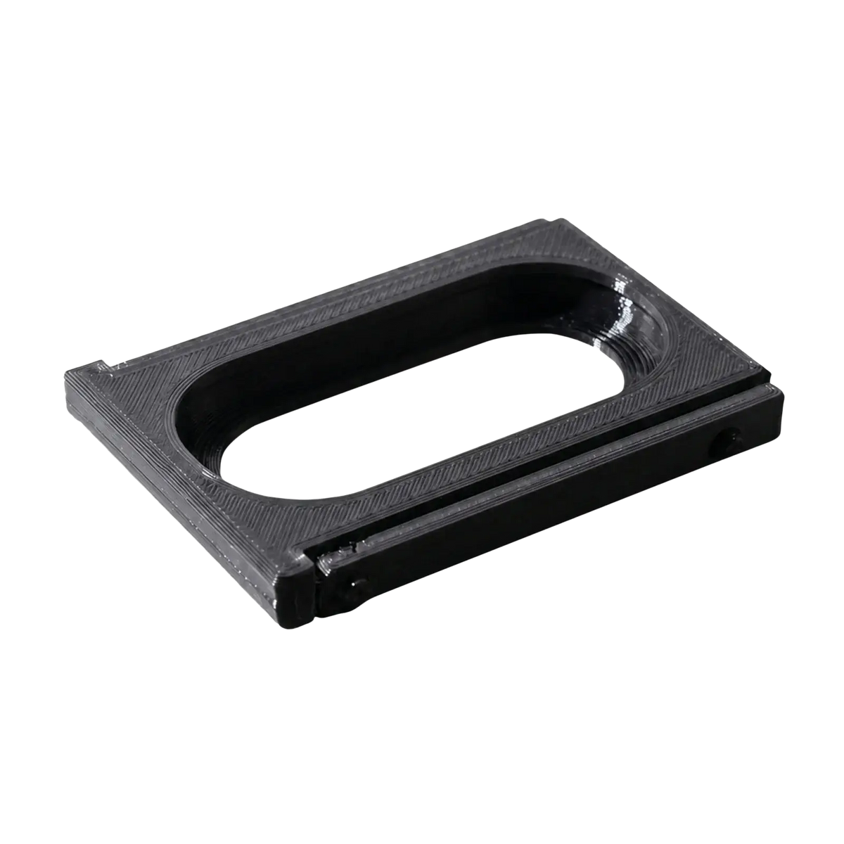 Black rectangular 3d printed adapter bracket frame with textured surface and oval cutout for fitbit air to whoop 5.0