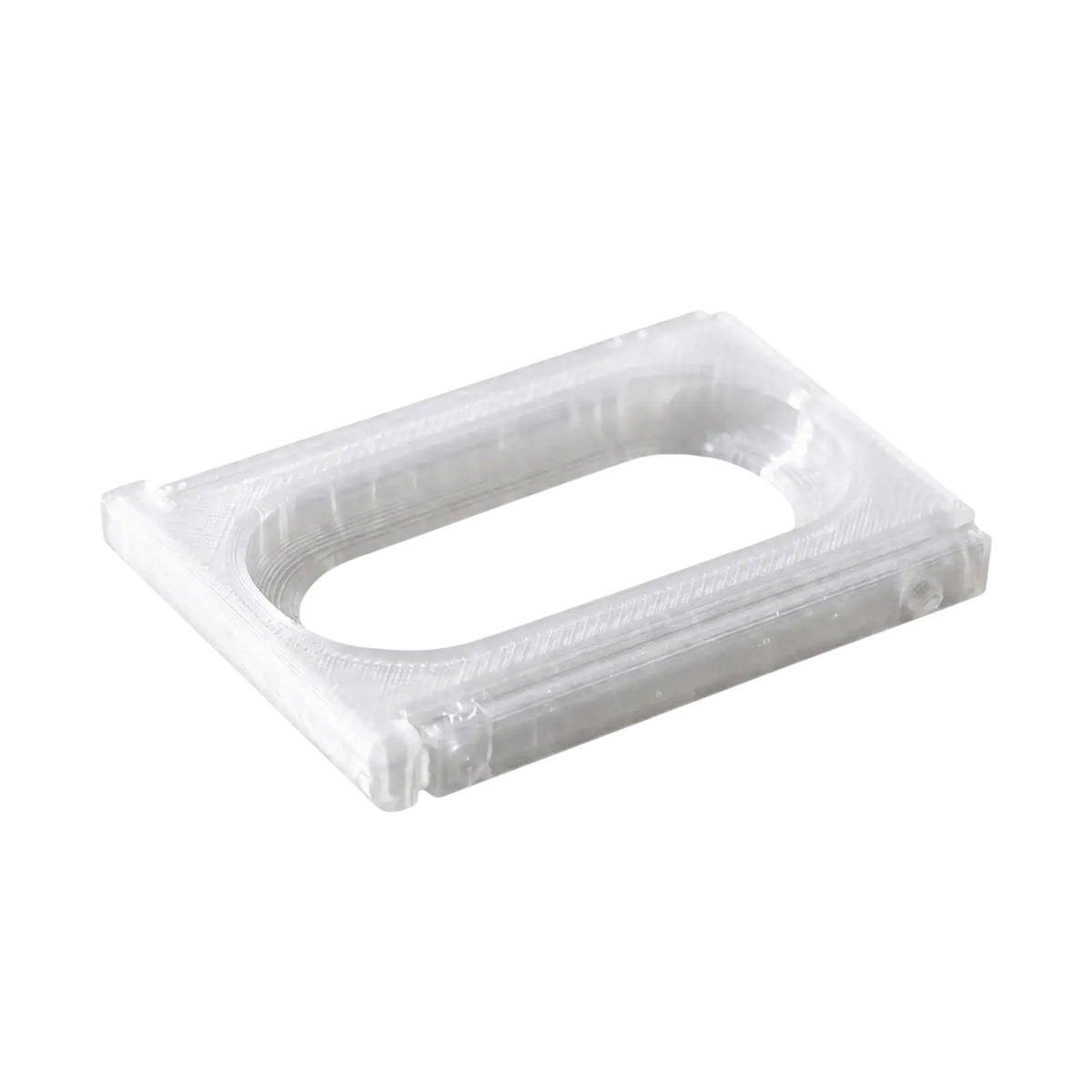 Clear plastic adapter bracket frame for fitbit air with central oval cutout and visible layered texture