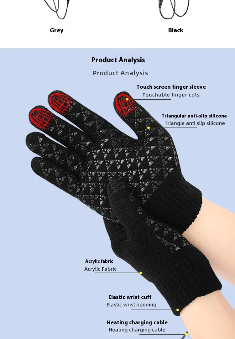 Black usb heated typing gloves with red silicone fingertips and a knitted acrylic fabric body designed for thermal winter use shown from the back side.
