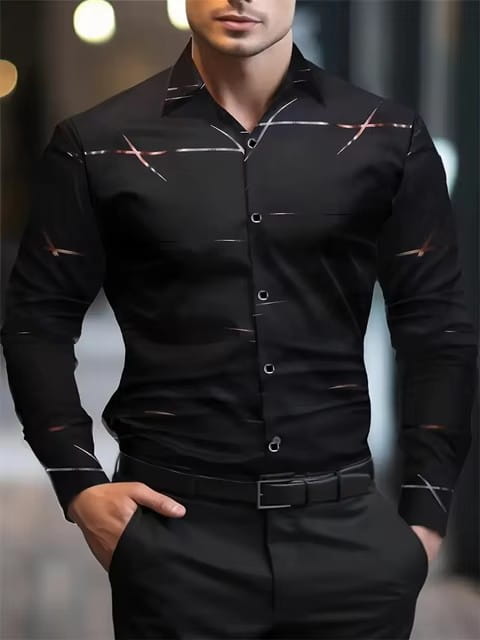 Men’s premium geometric and printed long sleeve button down black shirt with a subtle pattern of thin white and red lines.