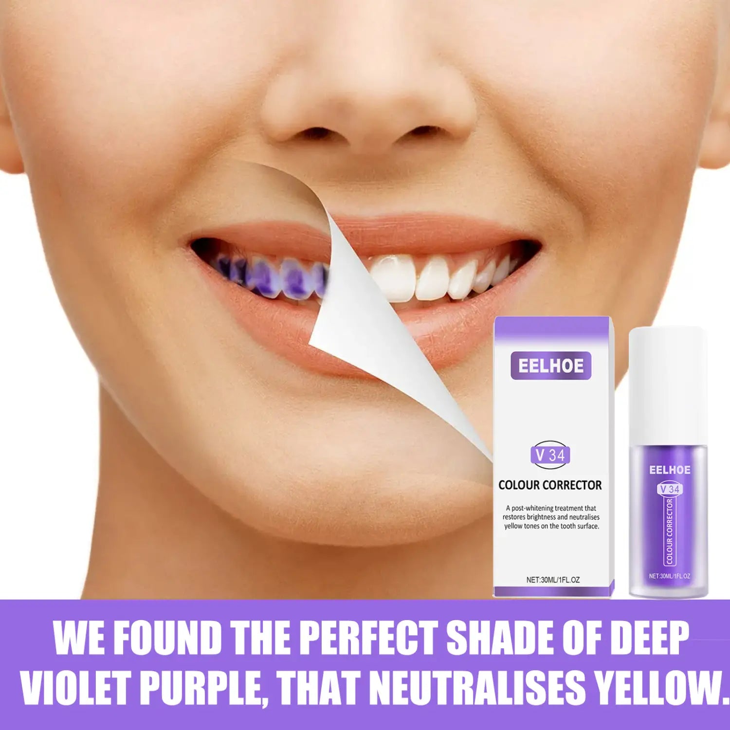 A sleek purple-tinted eelhoe v34 colour corrector spray bottle with a white cap and matching box for v34 teeth whitening toothpaste purple color corrector.