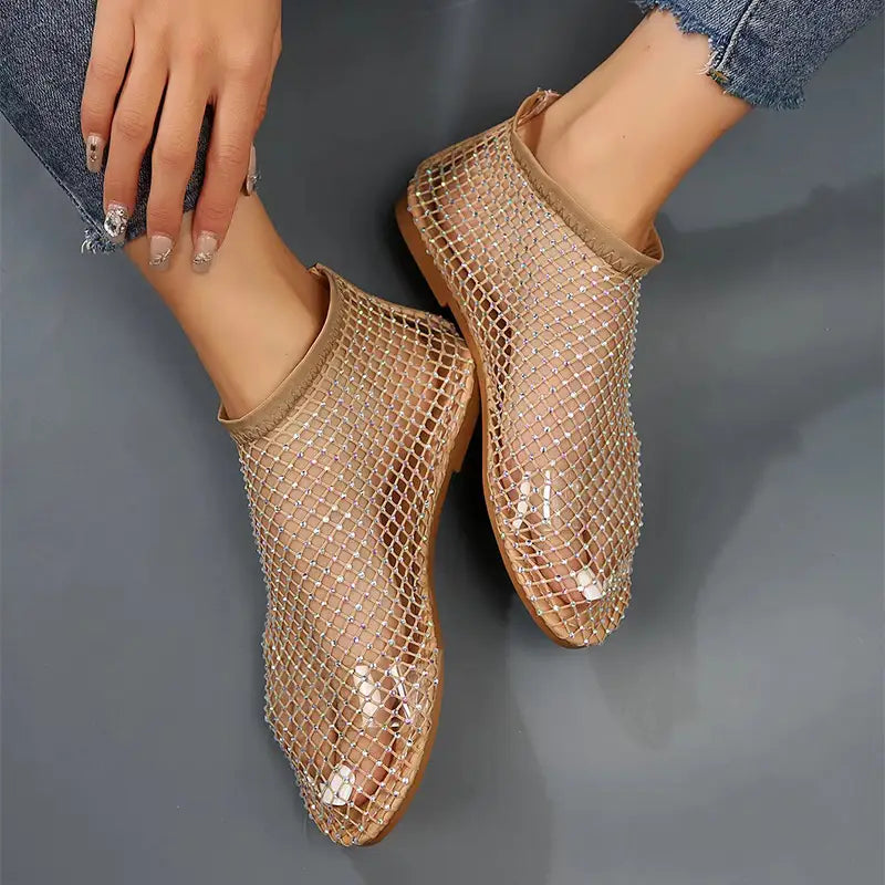 gold mesh ankle boots for women with a flat sole and decorative rhinestones on the upper material