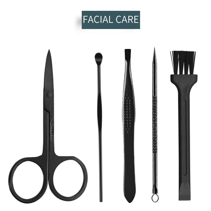 black stainless steel 16 piece professional manicure and pedicure kit featuring a facial care tool set for precise grooming and skincare.