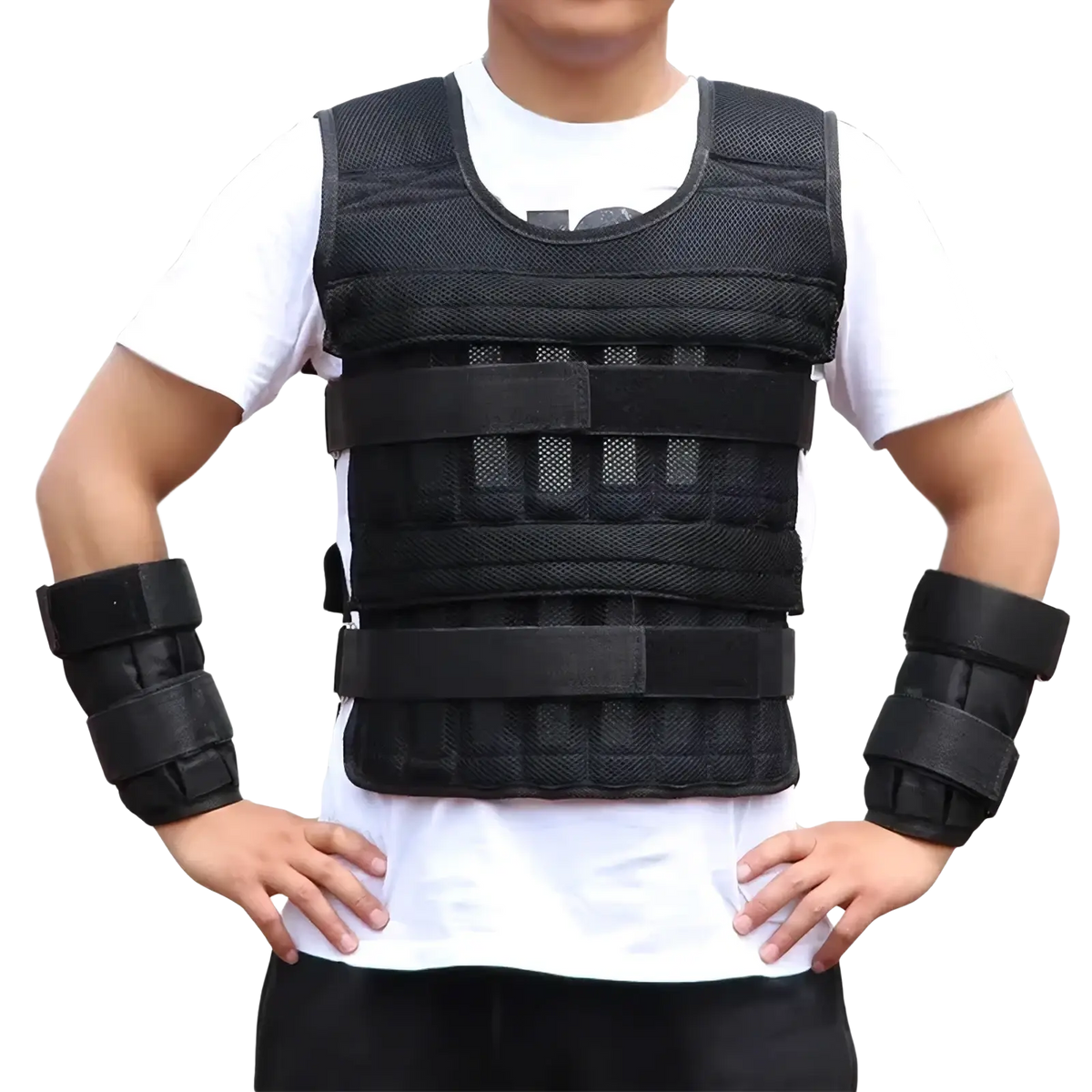 Adjustable 30kg black mesh weighted vest with adjustable straps and matching wrist wraps for fitness training