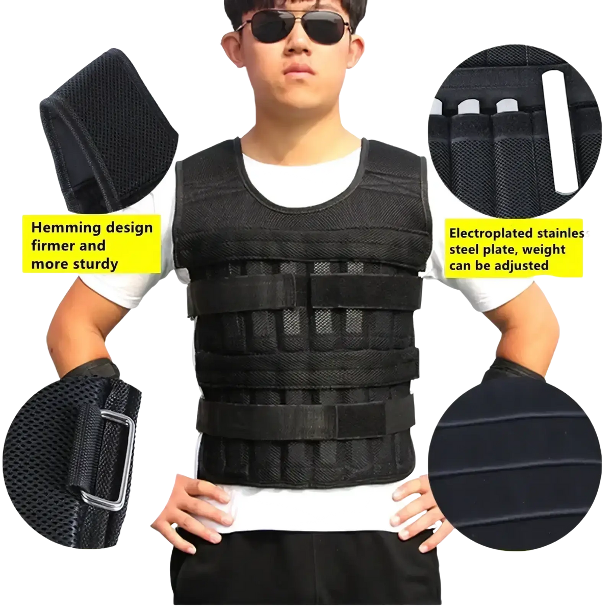 Adjustable 30kg weighted vest in black mesh with electroplated stainless steel plates and reinforced hemming design