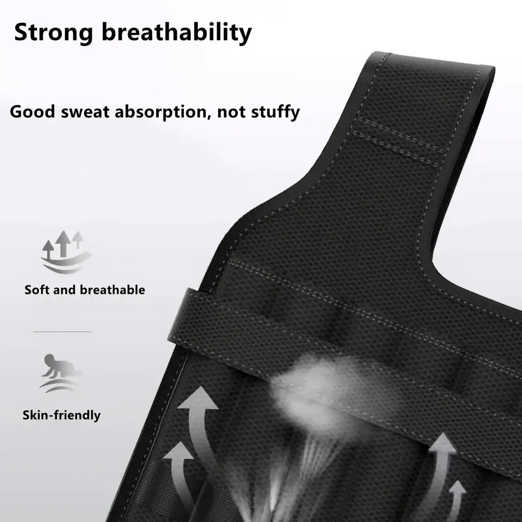 Black mesh fabric sports bra with breathable sweat absorbing design shown with adjustable 30kg weighted vest for training