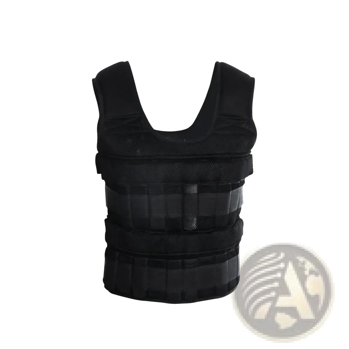 Adjustable 30kg weighted vest in black mesh and nylon with adjustable straps for fitness training shown from back side