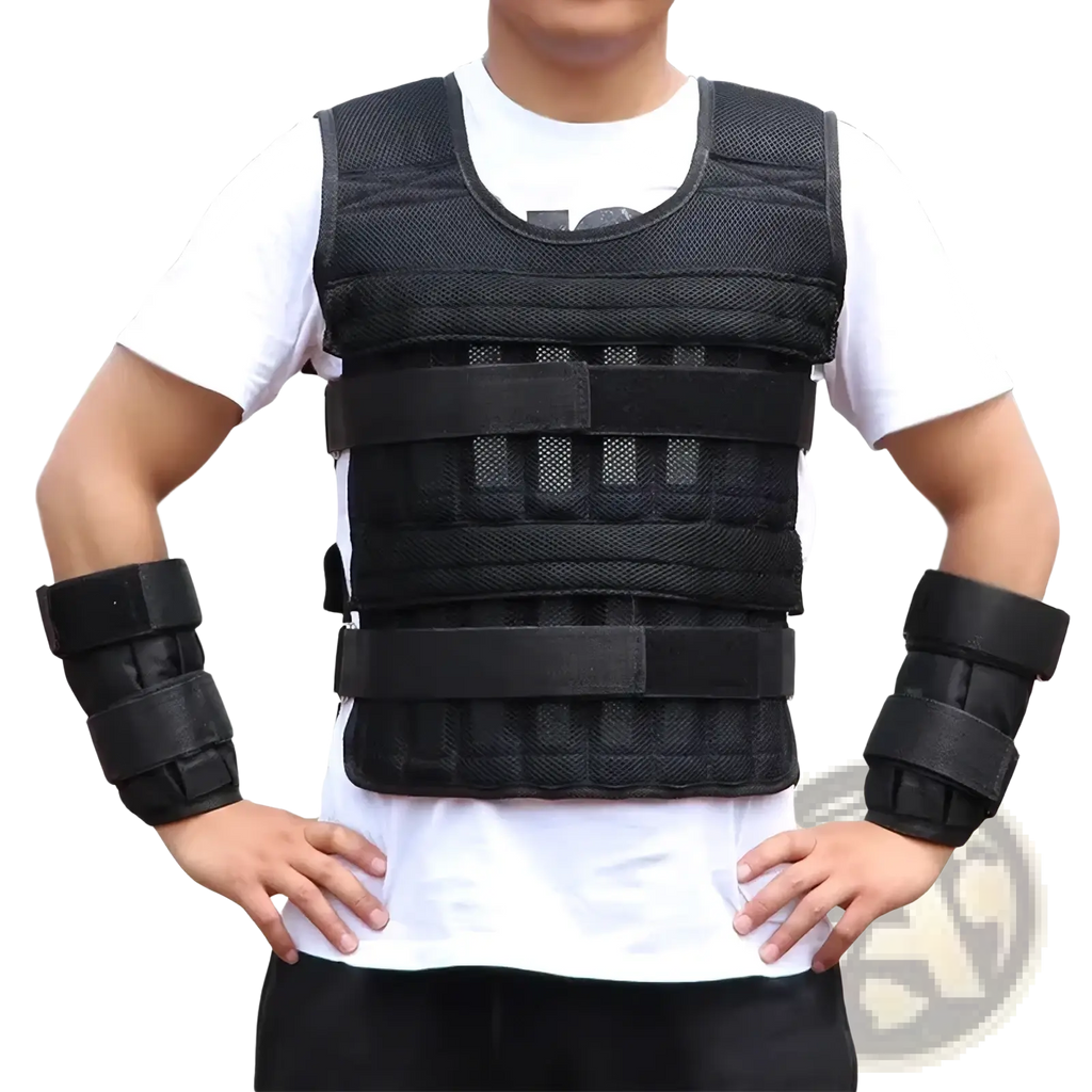 Adjustable 30kg black mesh weighted vest with adjustable straps and matching wrist wraps for fitness training