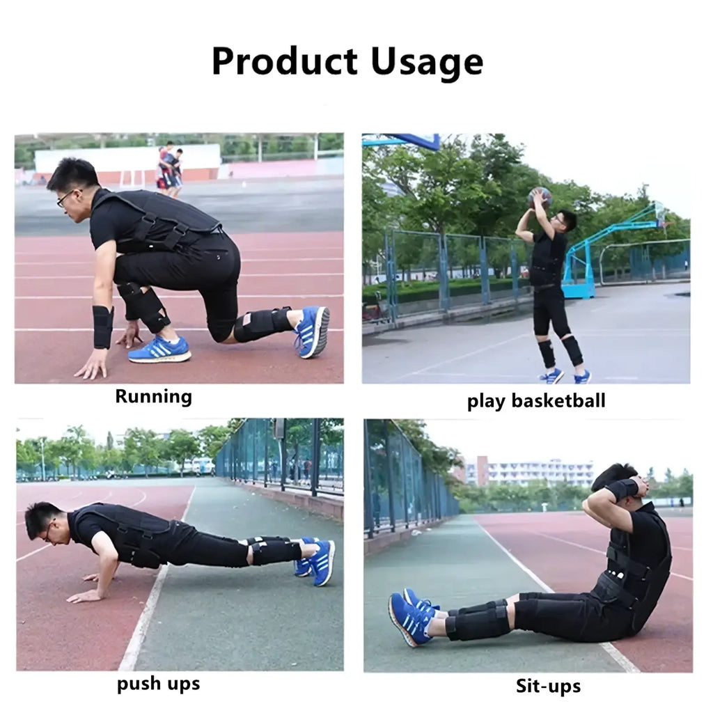 Adjustable 30kg black fitness resistance suit with padded sections and straps for running basketball push-ups and sit-ups