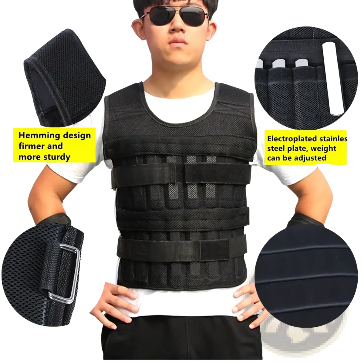 Adjustable 30kg black weighted vest with steel plates and golden velvet lining for fitness training