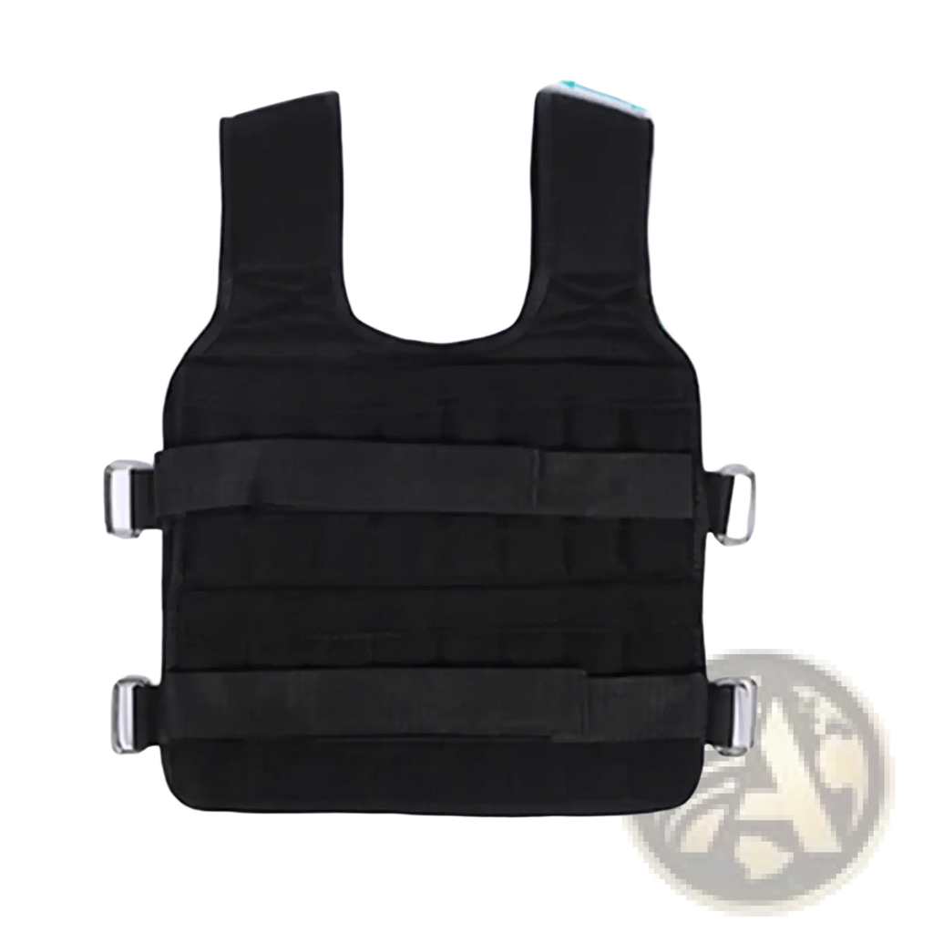Black adjustable 30kg weighted vest with metal buckles and straps for fitness training use