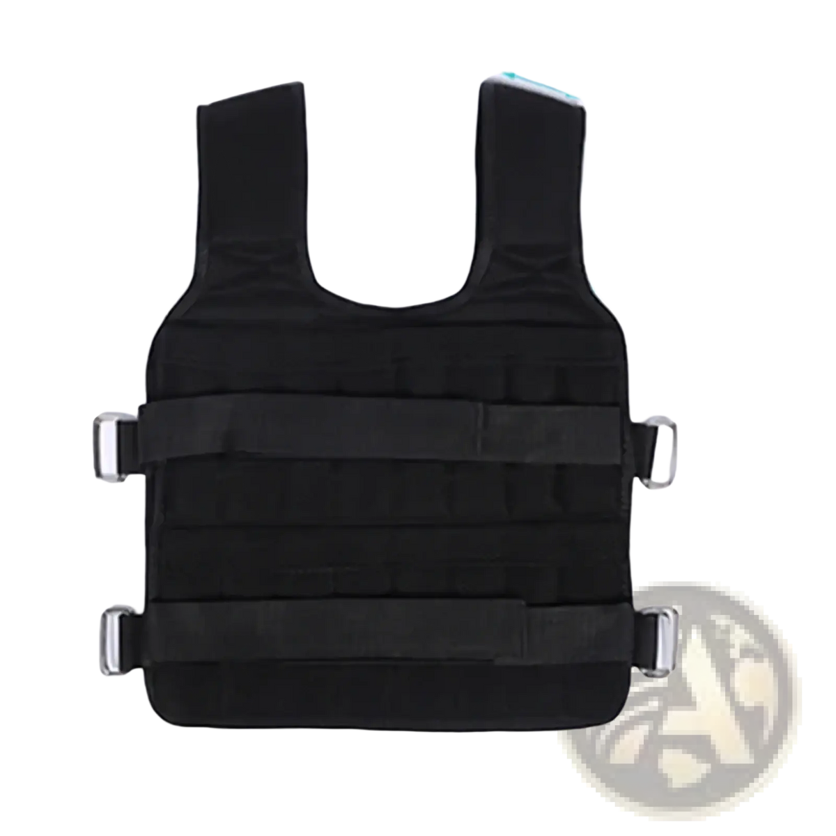 Black adjustable 30kg weighted vest with metal buckles and straps for fitness training use