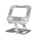 Adjustable 360 rotating tablet stand in frost silver metal with sleek geometric design and foldable legs