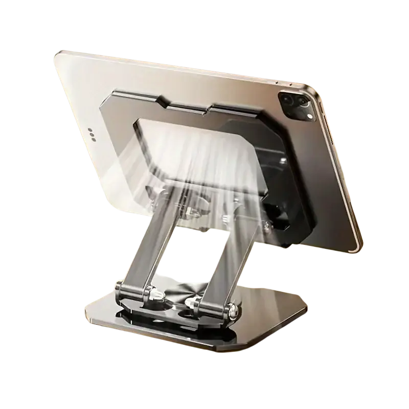 Adjustable 360 rotating silver metal tablet stand holding a black ipad for versatile device positioning