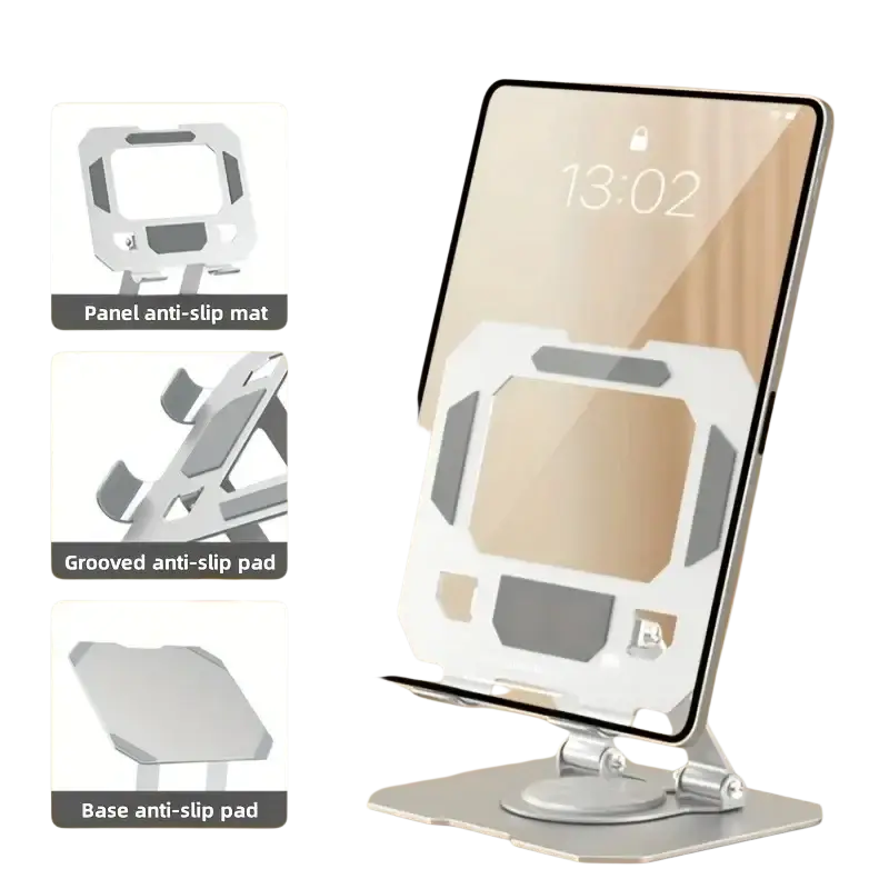 Adjustable 360 rotating silver metallic tablet stand with sleek angular design and anti-slip pads for secure support