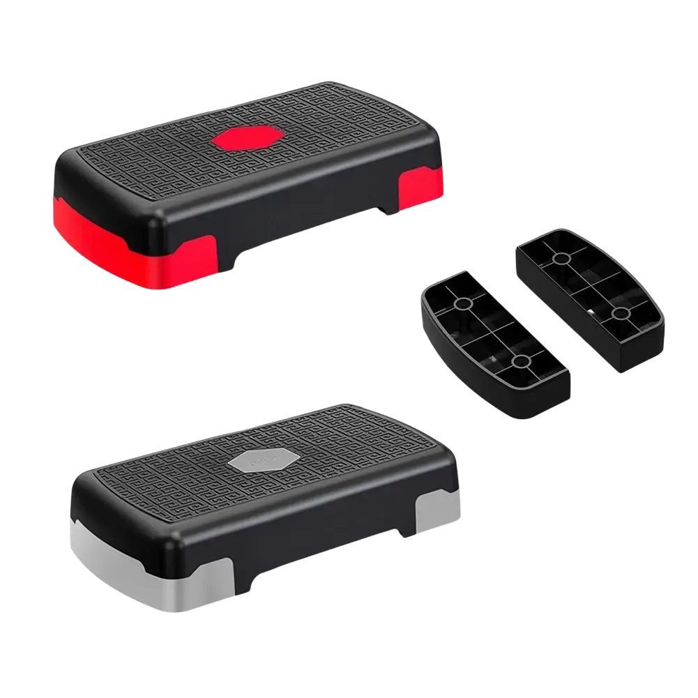 Adjustable aerobic fitness stepper in black and red with textured grip surface supporting up to 200kg load