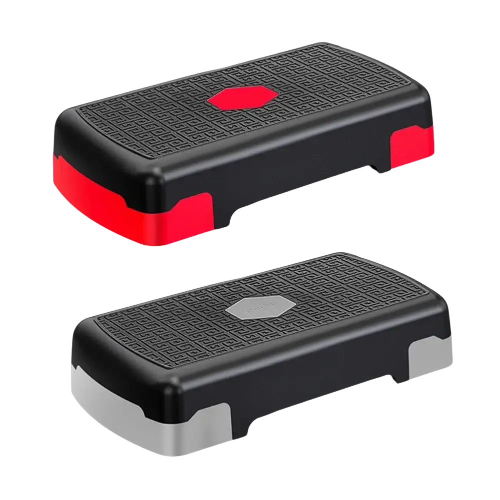 Adjustable aerobic fitness stepper in black and red with textured grip surface and 200kg load capacity