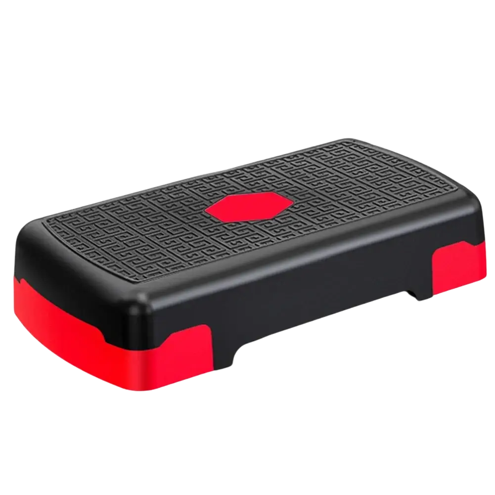 Adjustable aerobic fitness stepper in black and red with textured surface and hexagonal center supports up to 200kg load