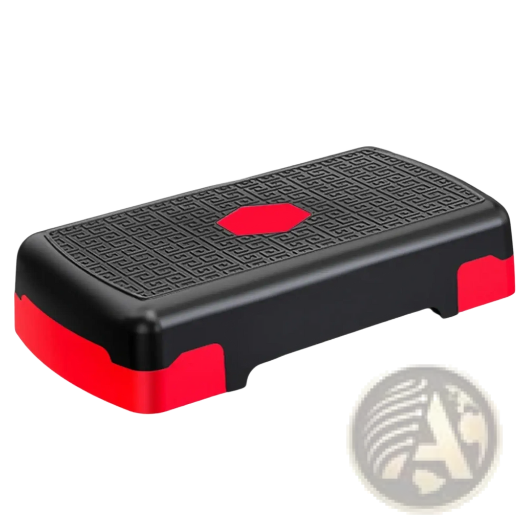 Adjustable aerobic fitness stepper in black and red with textured surface and hexagonal center supports up to 200kg load