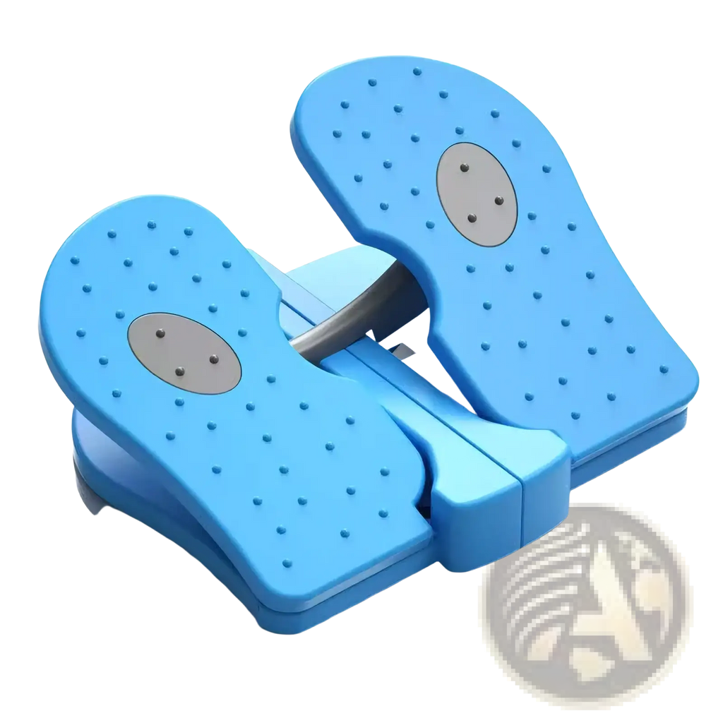 Adjustable aerobic step platform featuring a blue plastic foot exerciser with textured surface and gray circular pads