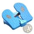 Adjustable aerobic step platform featuring a blue plastic foot exerciser with textured surface and gray circular pads