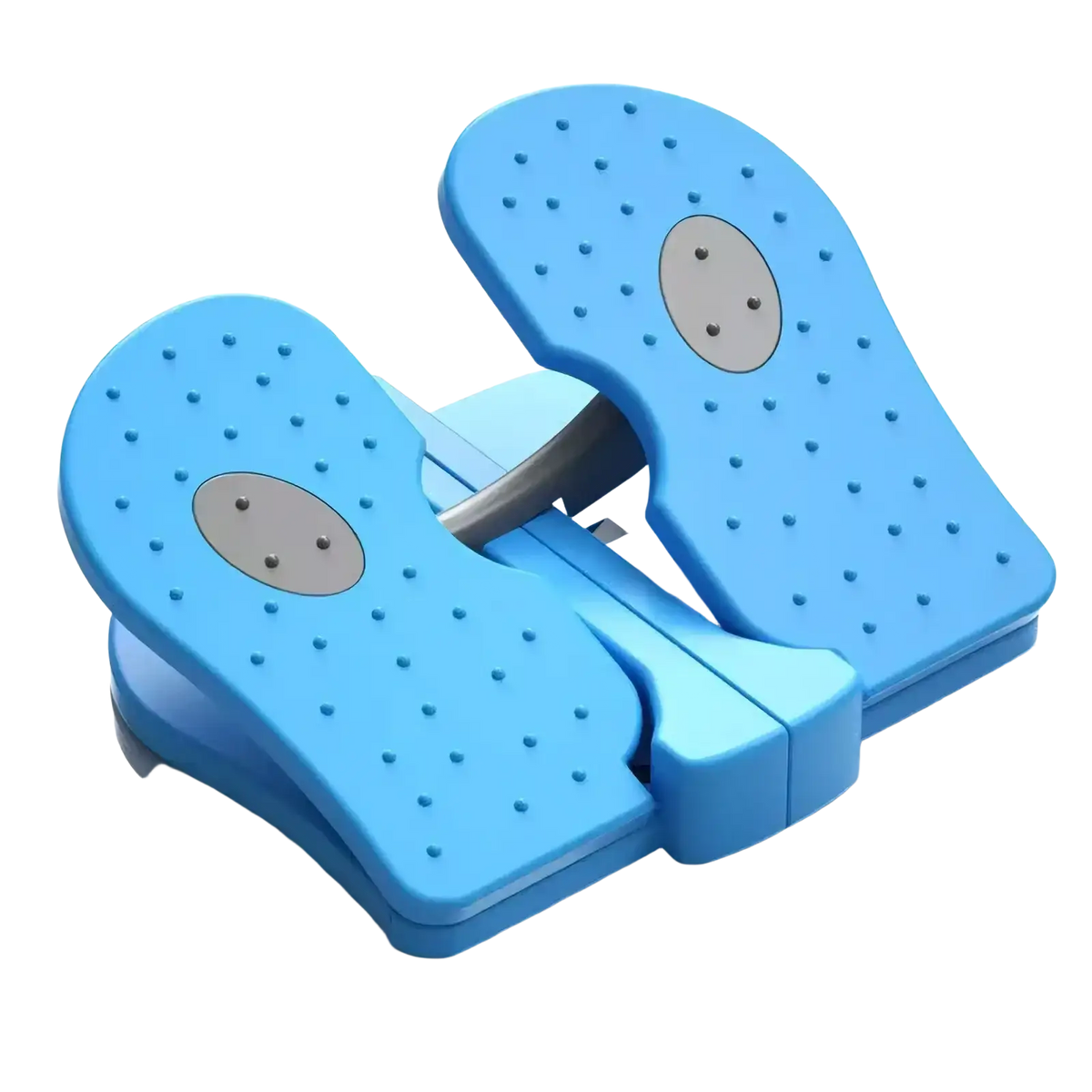 Blue plastic aerobic step platform with dotted texture and gray oval pads for home fitness exercise