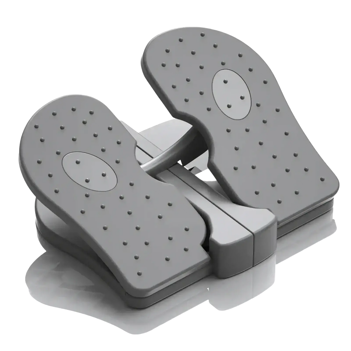 Gray plastic aerobic step platform with textured dotted surfaces and oval cutouts for home fitness use