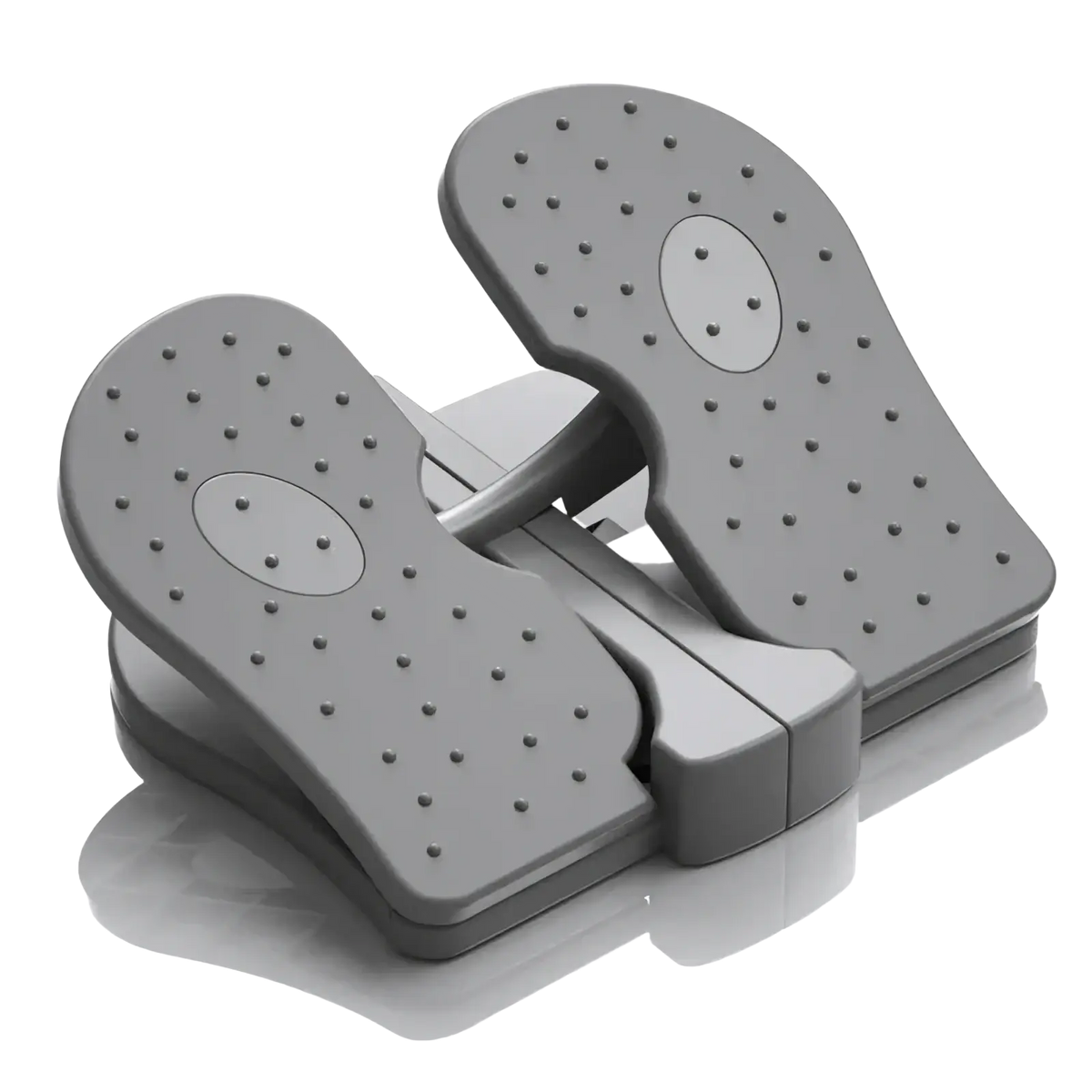 Gray plastic adjustable aerobic step platform with textured dotted surfaces and oval cutouts for home fitness use