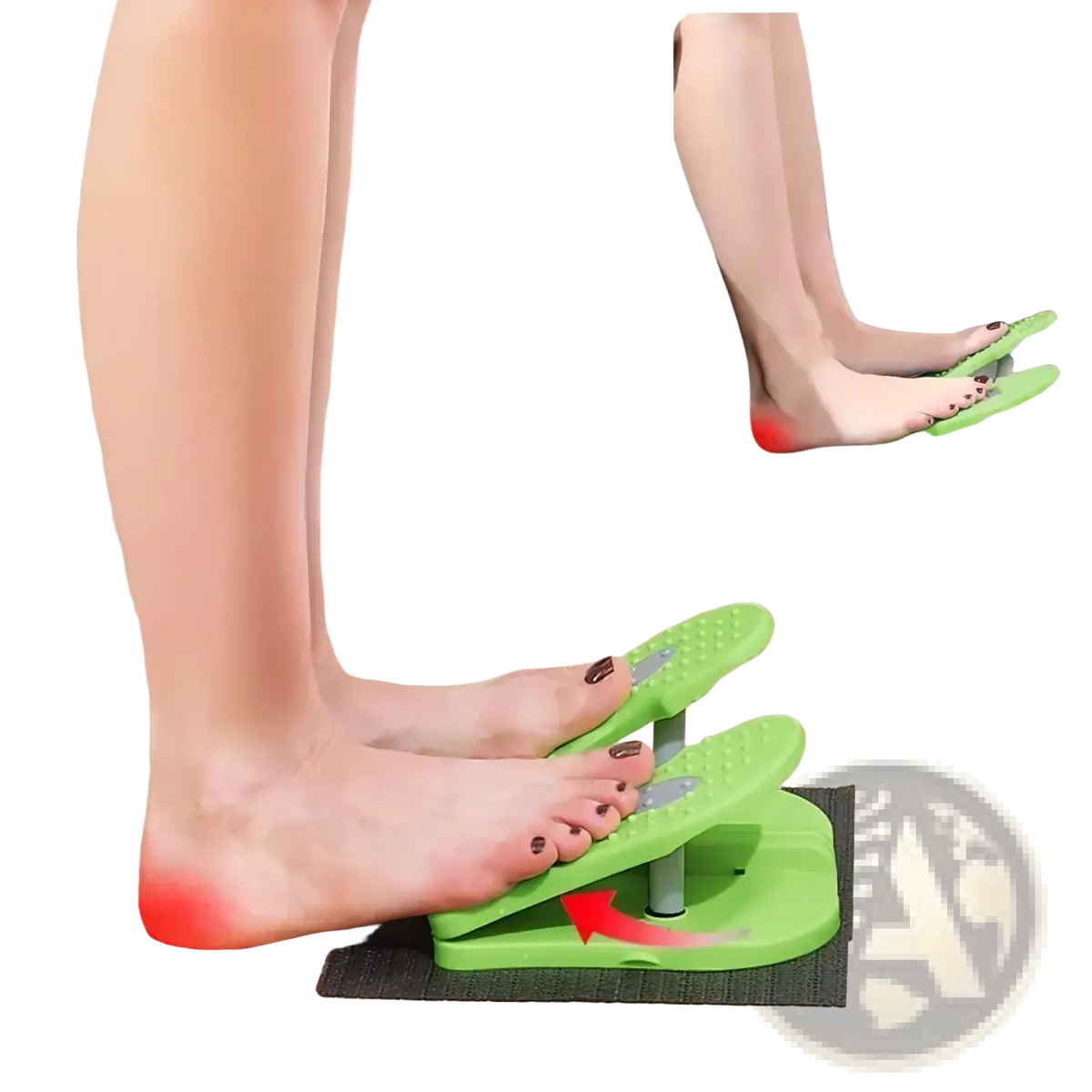 Green plastic adjustable aerobic step platform foot exerciser with textured surface and central pivot for home fitness