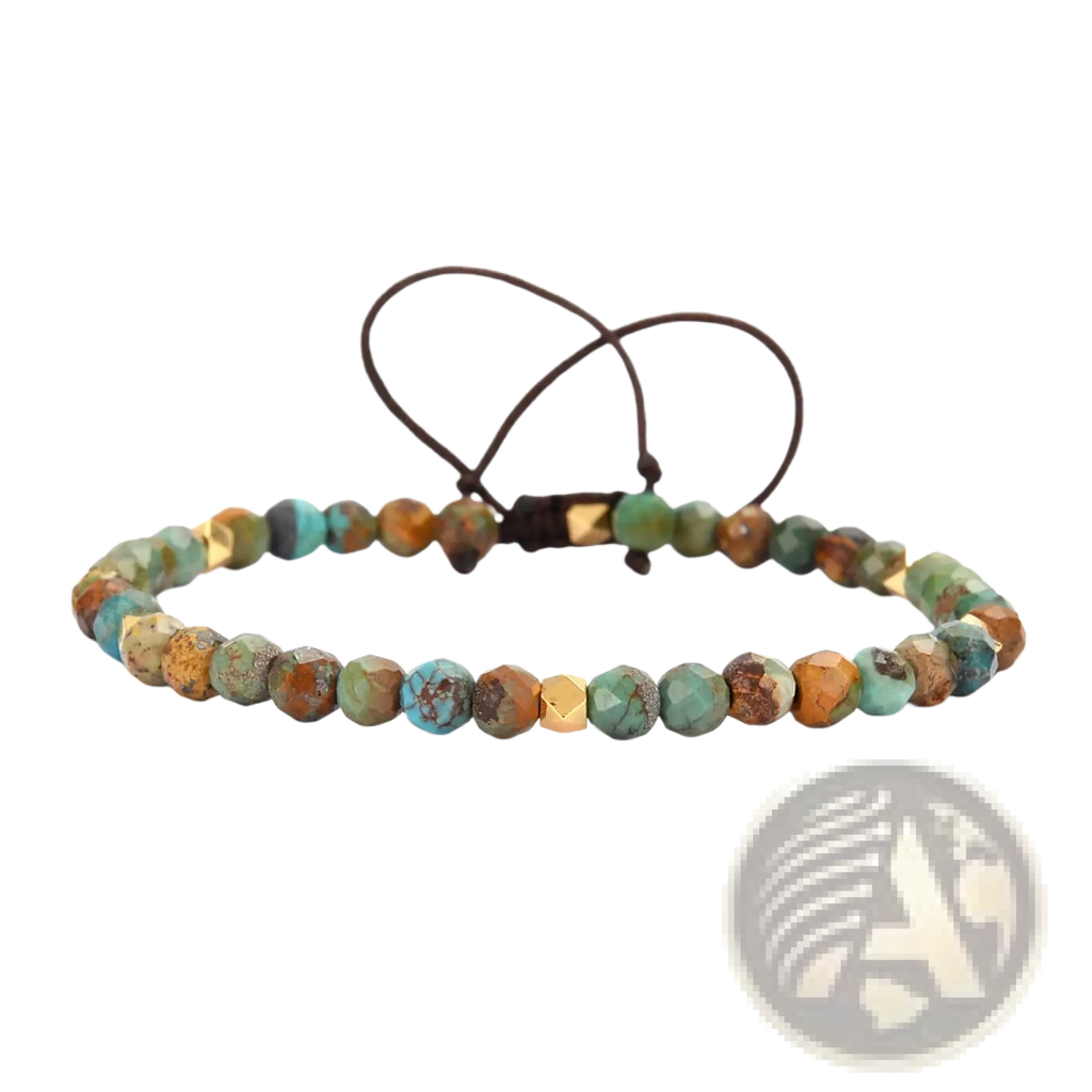 Adjustable African turquoise braided leather bracelet with faceted turquoise and gold-toned beads on dark brown cord
