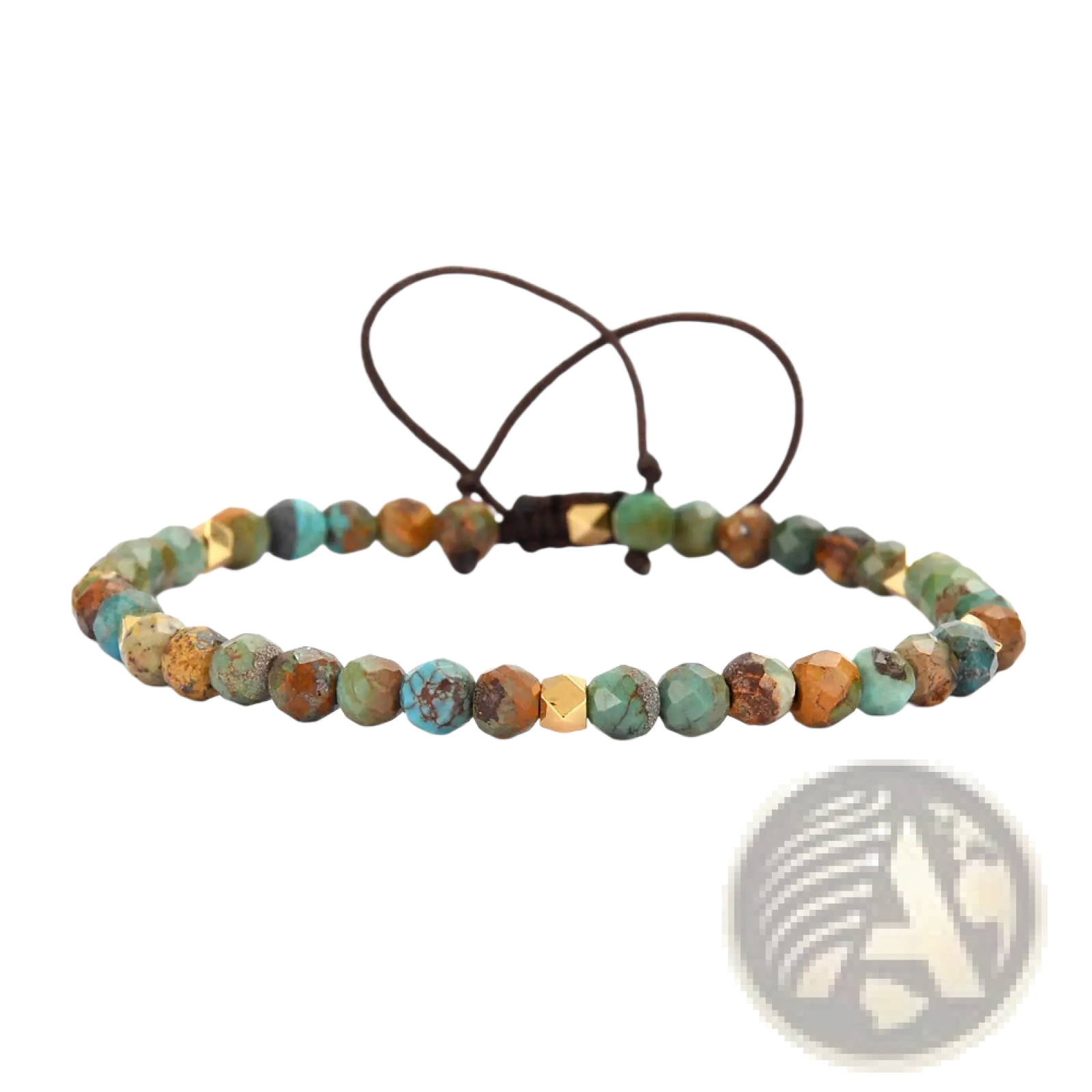 Adjustable African turquoise braided leather bracelet with faceted turquoise and gold-toned beads on dark brown cord
