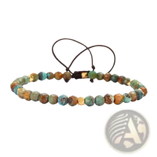 Adjustable African turquoise braided leather bracelet with faceted turquoise and gold-toned beads on dark brown cord