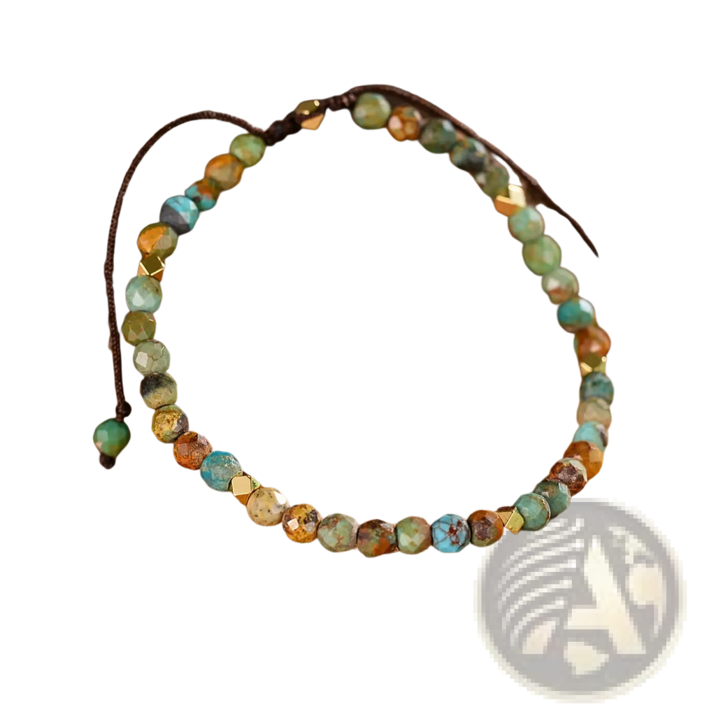 Adjustable African turquoise braided leather bracelet with faceted turquoise beads earthy stones and gold-tone accents