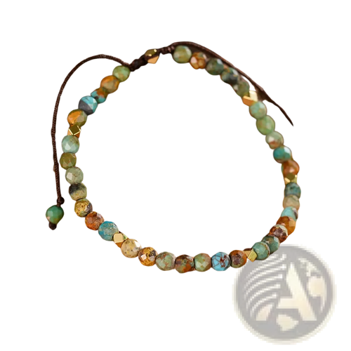 Adjustable African turquoise braided leather bracelet with faceted turquoise beads earthy stones and gold-tone accents