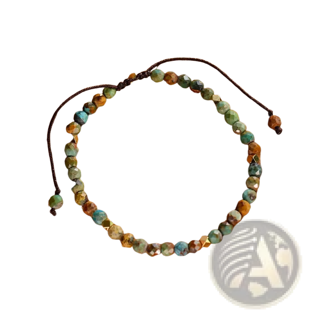 Adjustable African turquoise braided leather bracelet with faceted turquoise and golden brown stones on dark brown cord