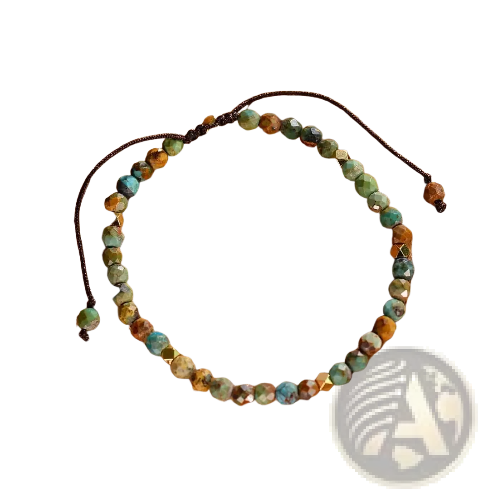 Adjustable African turquoise braided leather bracelet with faceted turquoise and golden brown stones on dark brown cord
