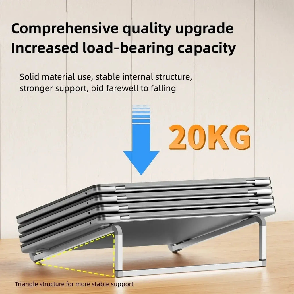 Silver metallic adjustable aluminum laptop stand with triangular base and reinforced structure supporting up to 20kg