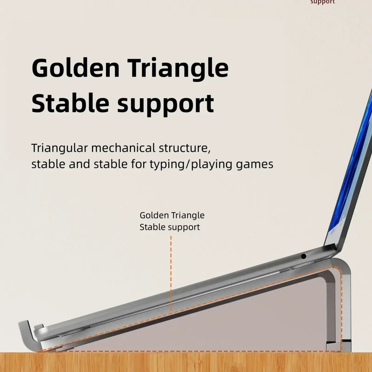 Adjustable aluminum laptop stand in silver with triangular mechanical design for stable ergonomic support