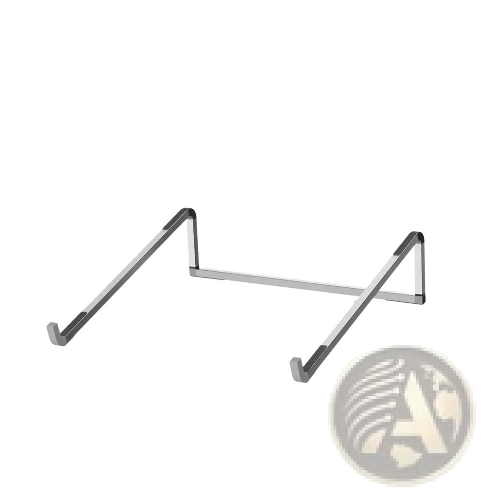 Silver aluminum adjustable laptop stand with sleek minimalist design and foldable ergonomic angle support