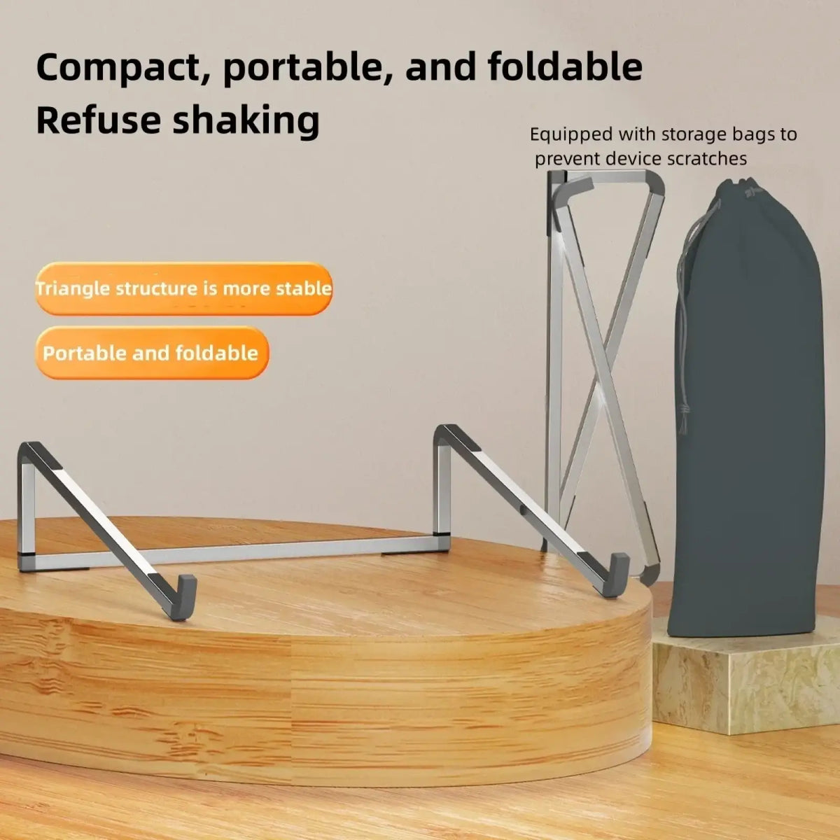 Adjustable aluminum laptop stand in silver with triangular foldable design and black rubberized feet for ergonomic use