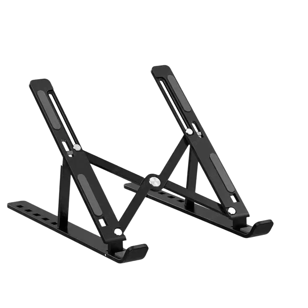 Black adjustable aluminum laptop stand with sleek foldable design and matte finish ergonomic holder