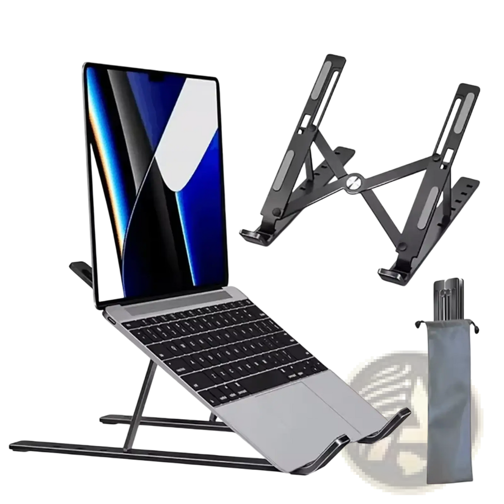 Black metal adjustable aluminum laptop stand with foldable design for ergonomic use and height customization