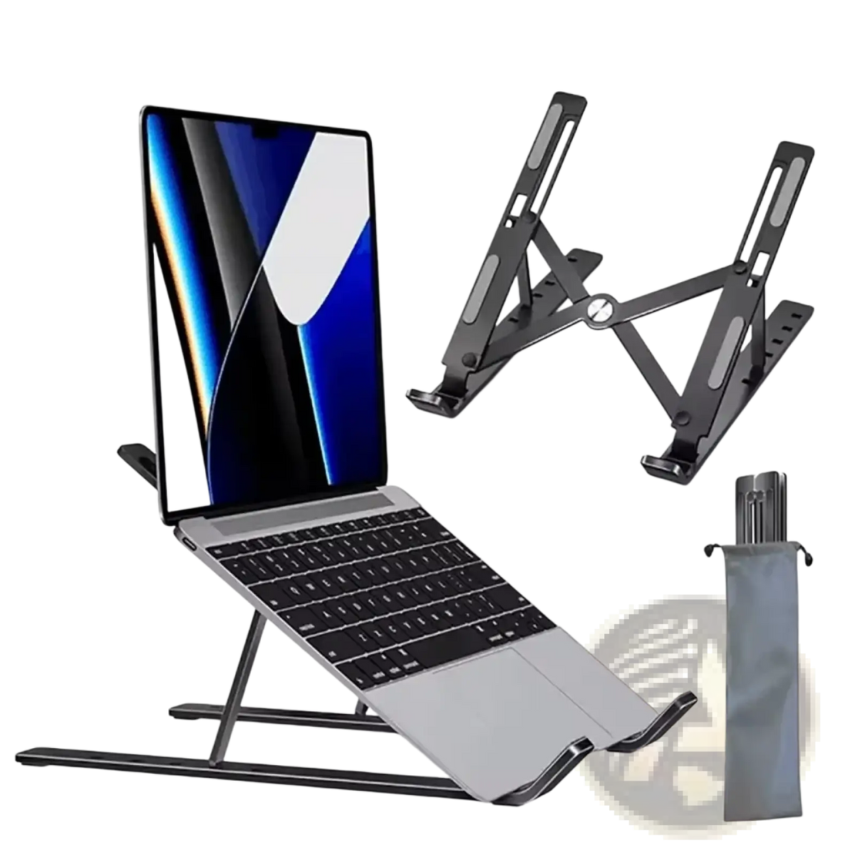 Black metal adjustable aluminum laptop stand with foldable design for ergonomic use and height customization