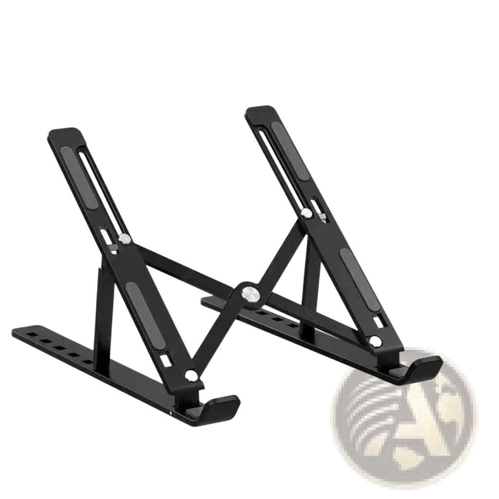 Black adjustable aluminum laptop stand with sleek foldable design and matte finish ergonomic holder