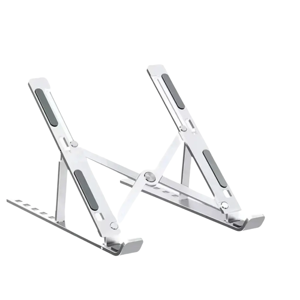 Silver adjustable aluminum laptop stand with black rubberized grip pads for ergonomic use
