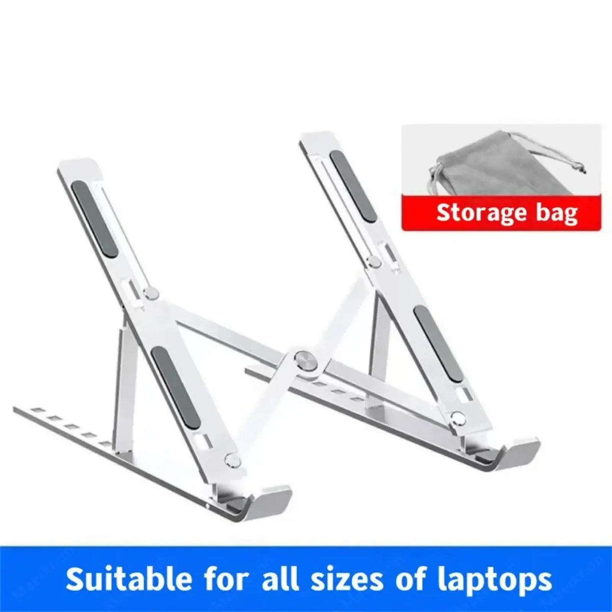 Silver adjustable aluminum laptop stand with black rubberized grip pads for ergonomic use