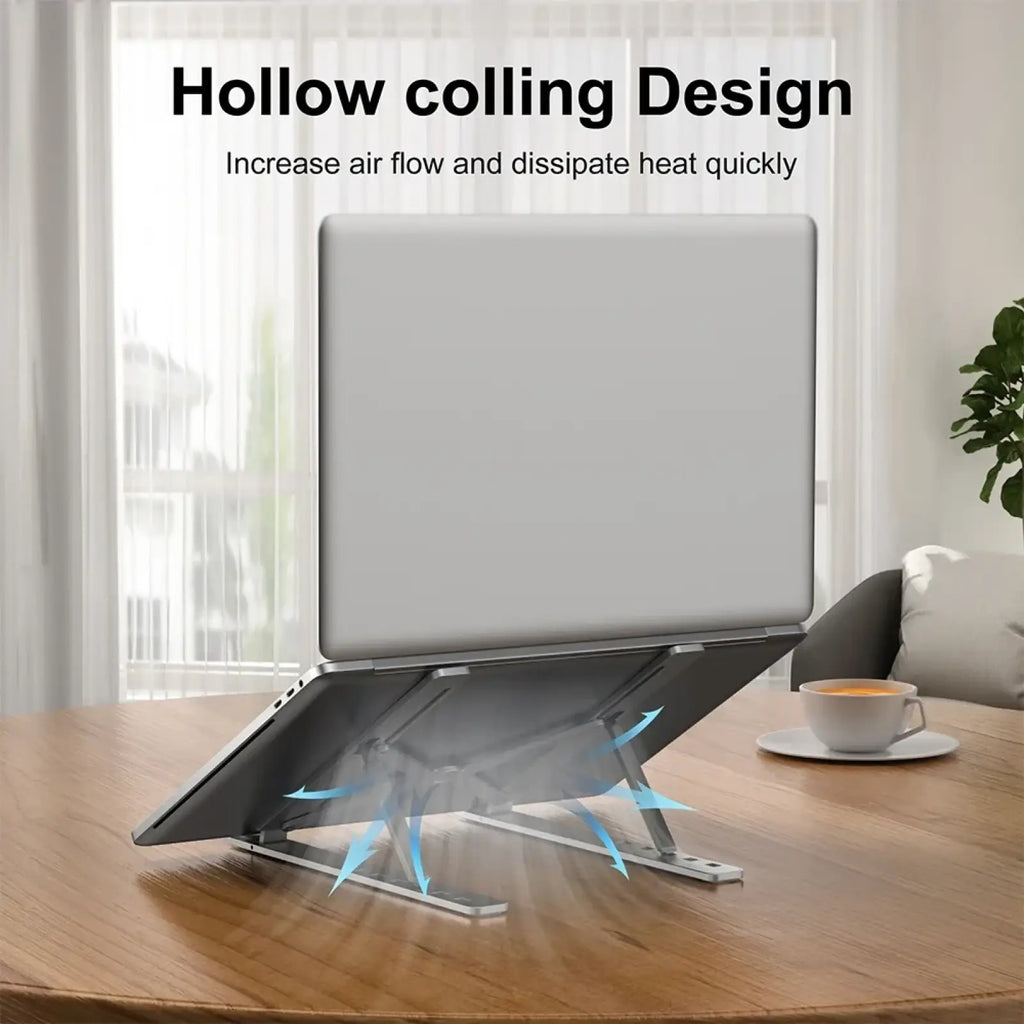 Silver metallic adjustable aluminum laptop stand with hollow cooling design for ergonomic support