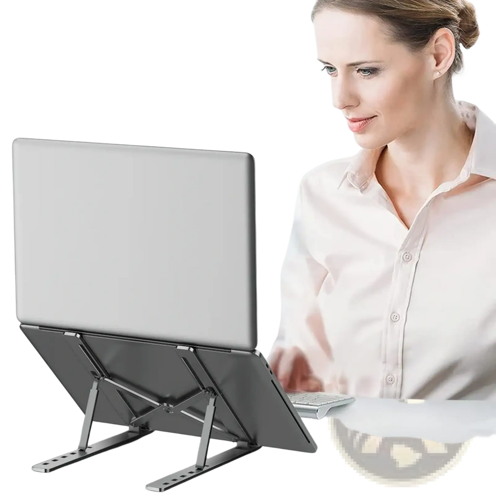 Silver metallic adjustable aluminum laptop stand with sleek ergonomic design for comfortable device support
