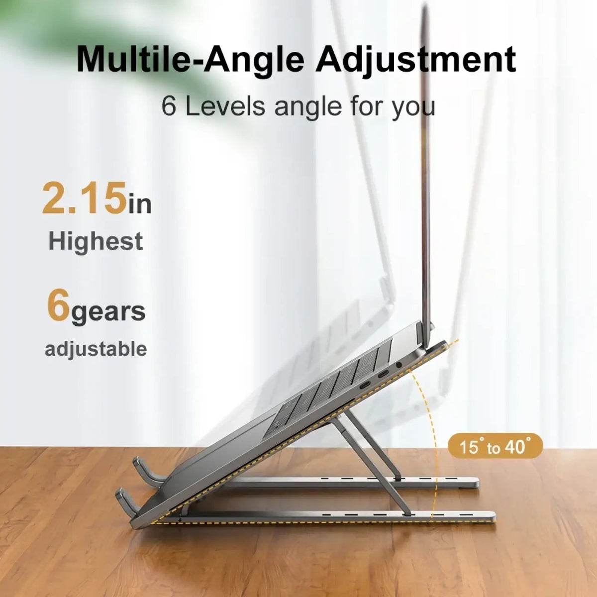 Silver metallic adjustable aluminum laptop stand with six ergonomic angle levels for comfortable use