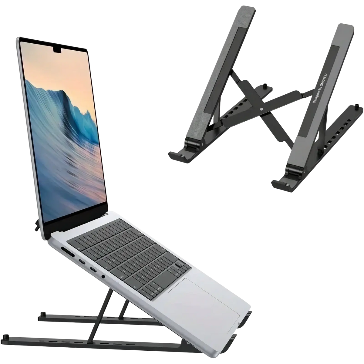 Adjustable aluminum laptop stand in black with a sleek minimalist design and matte finish for ergonomic use